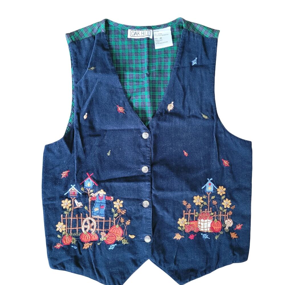 Oak Hill Womens M Plaid/Navy Vintage Fall Vest 90s Country Cottage Garden Leaves